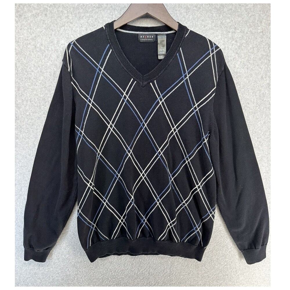 Access Mens Sweater Black V-Neck Argyle In Blue & Gray Long Sleeve Size M